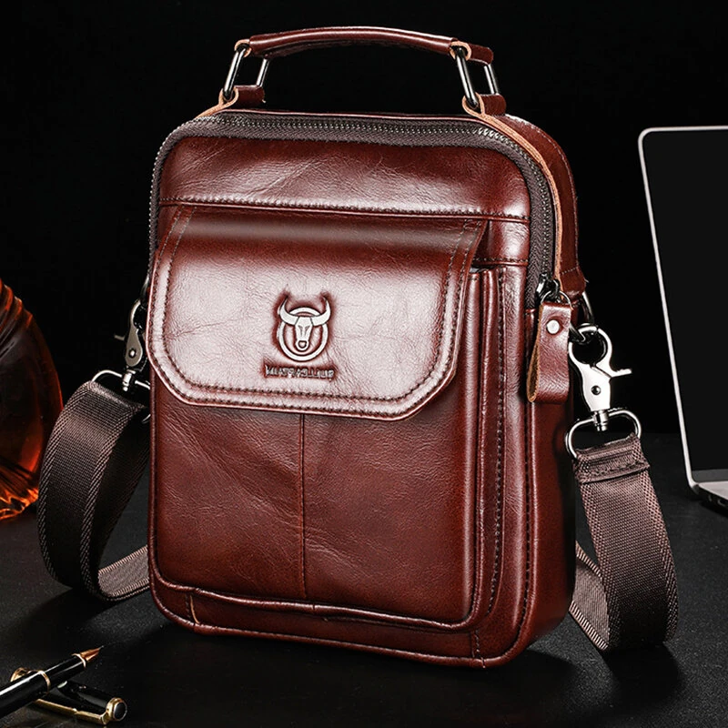 (image for) BULLCAPTAIN Classical Men's Genuine Leather Shoulder Bag Retro Business Casual Crossbody Bag Male Large Capacity Handbag Bag
